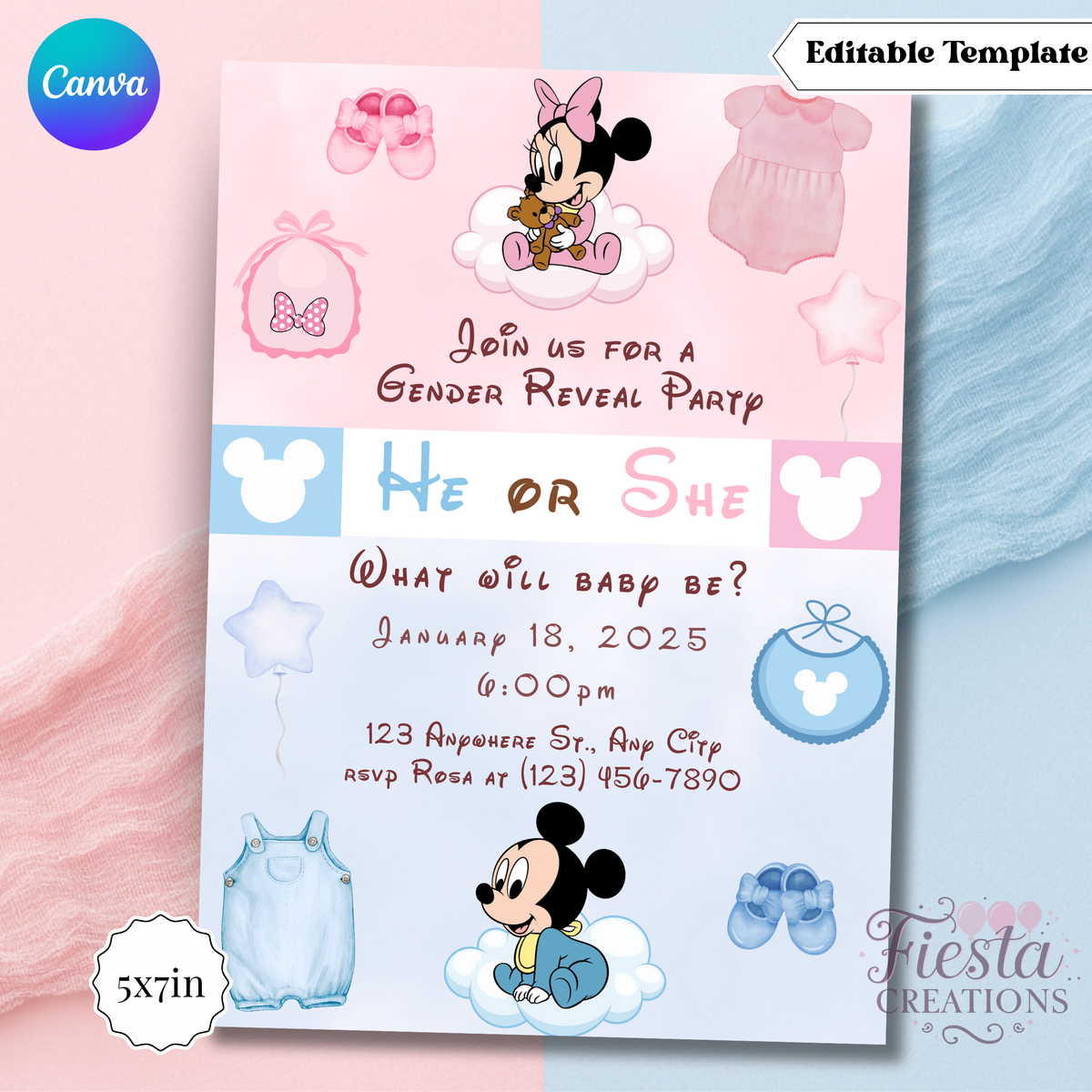 Mouse Gender Reveal 5x7in Invitations Template