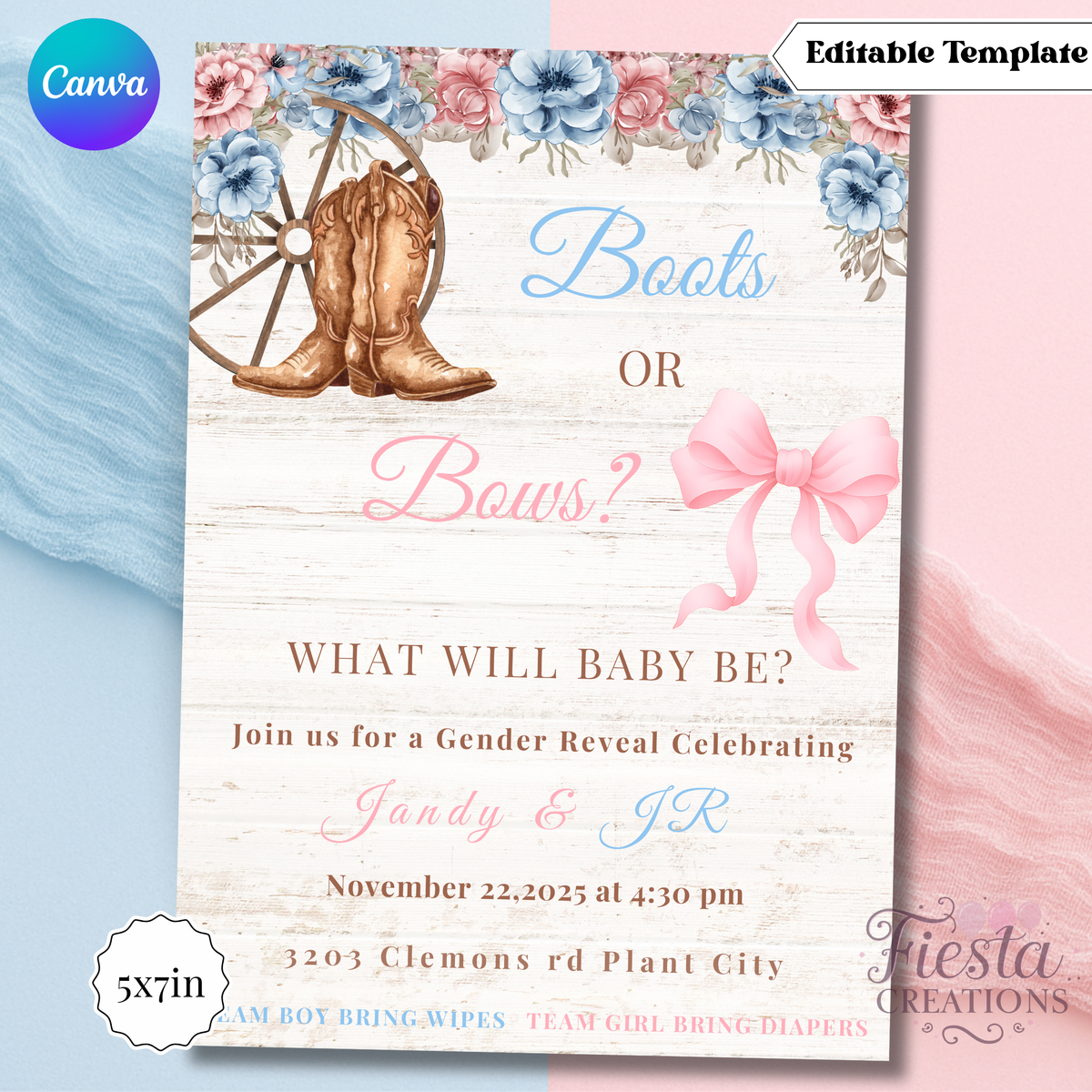 Bows or Boots  | 5x7 Editable Template | Instant Download