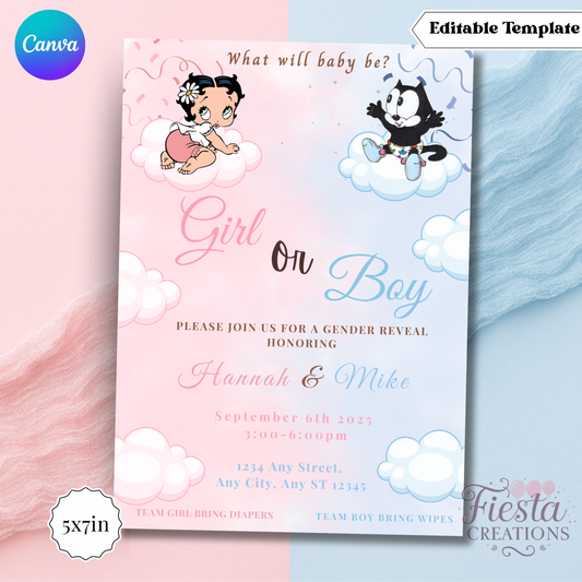 Betty or Felix Gender Reveal 5x7in Invitation Template (pink&blue)