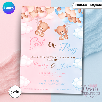 Bear Gender Reveal | 5x7 Editable Template | Instant Download