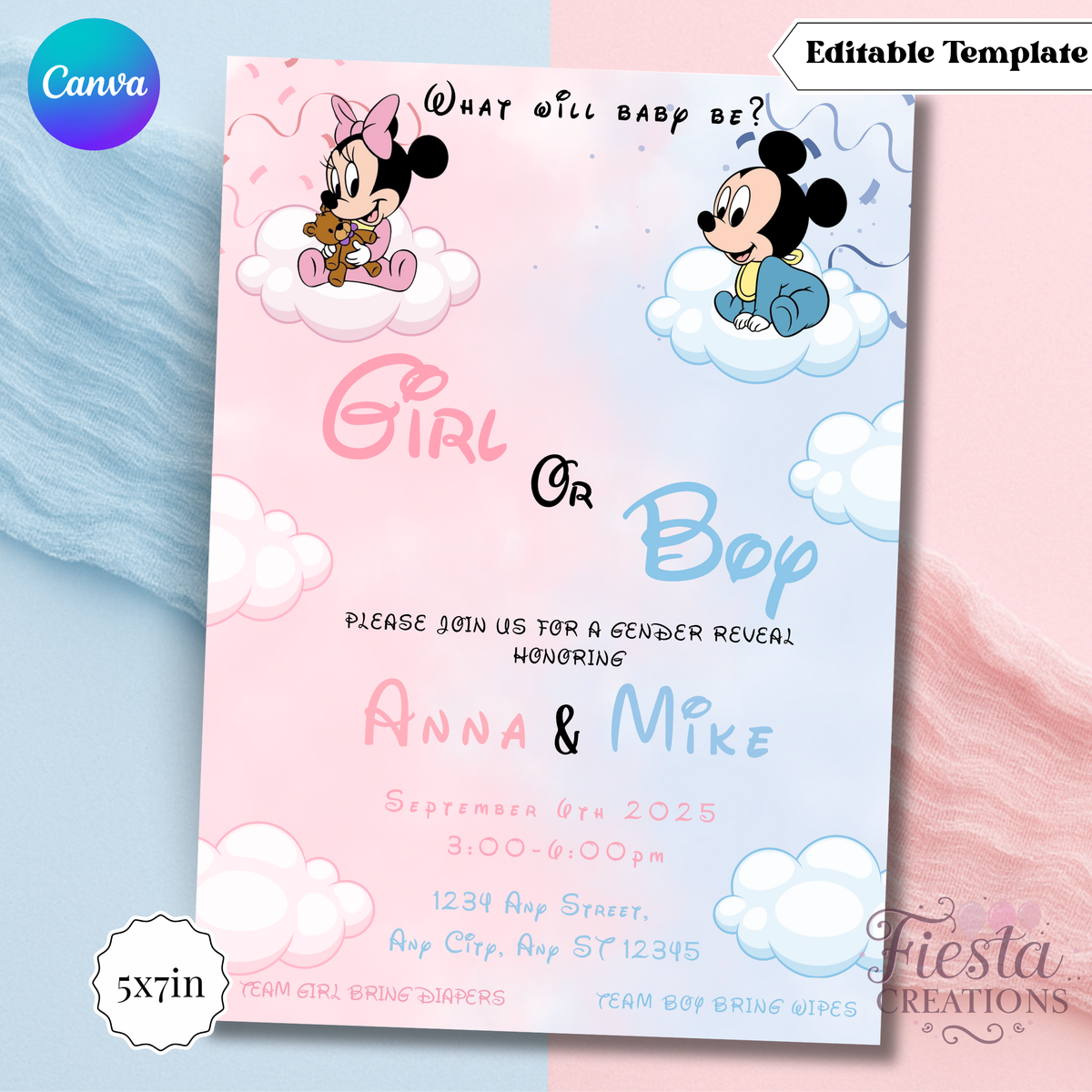 Mouse Gender Reveal | 5x7 Editable Template | Instant Download