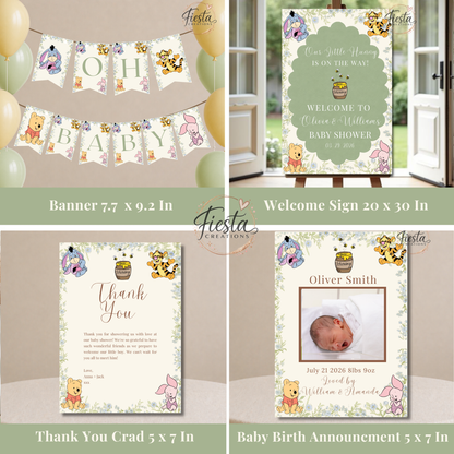Green Winnie Baby Shower Mega Bundle | Editable Templates