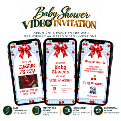 Cherry on Top Blue Baby Shower Video Invitation