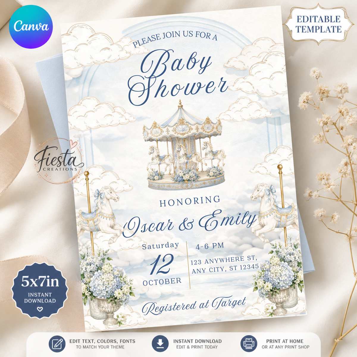 Blue Carousel Baby Shower   5x7in Invitation Template