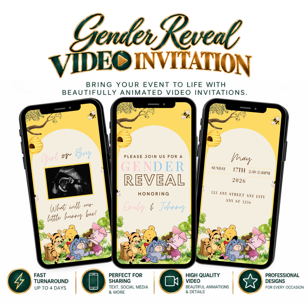 Winnie Yellow Gender Reveal Video Invitation
