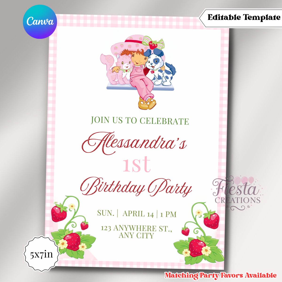 Strawberry 1st Birthday Invitation | 5x7 Editable Template | Instant Download