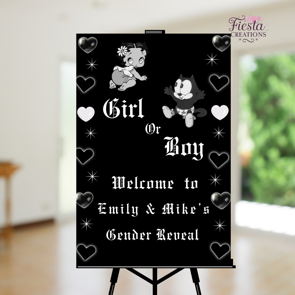 Betty or Felix Black Gender Reveal Welcome Sign