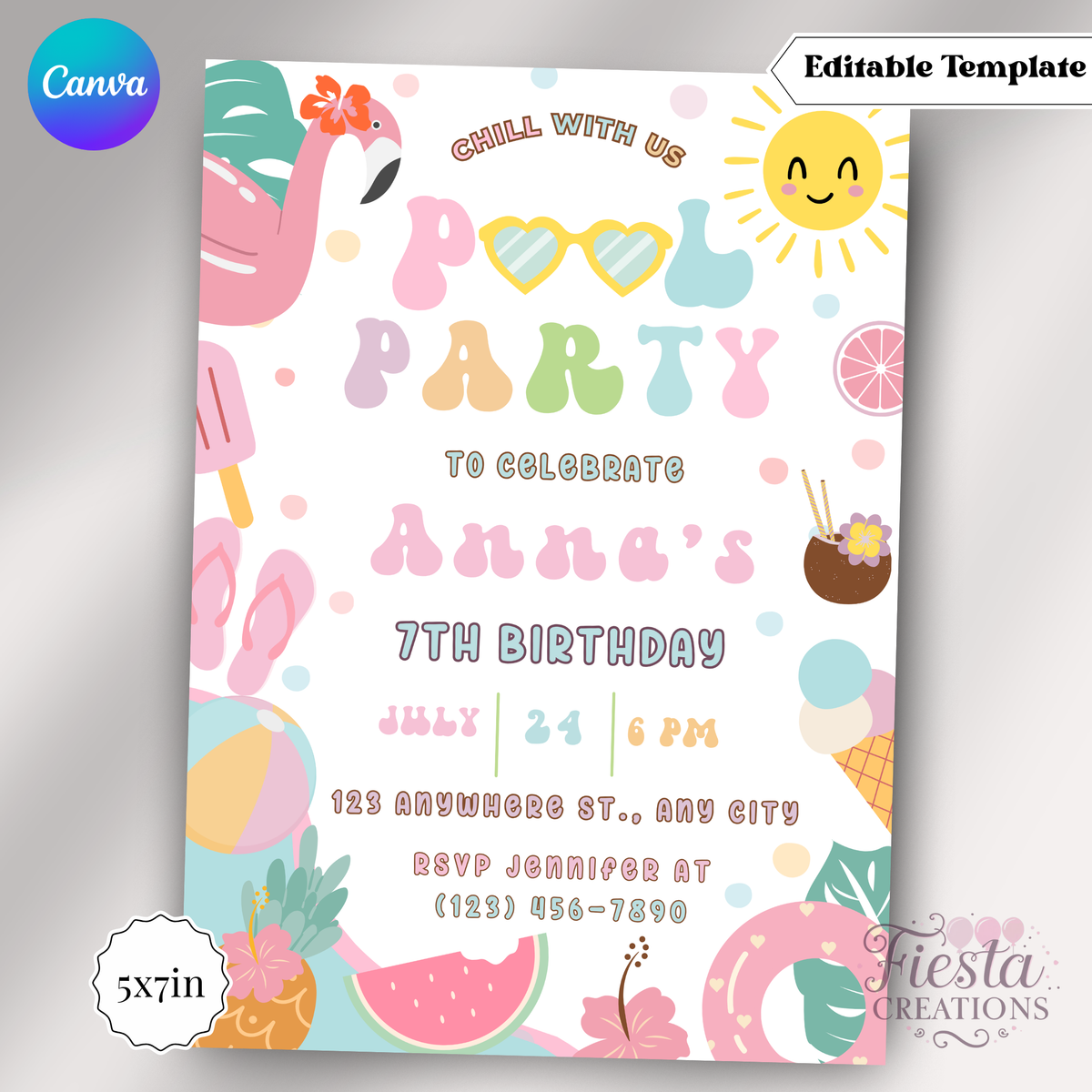 Retro Pool Party | 5x7 Editable Template | Instant Download