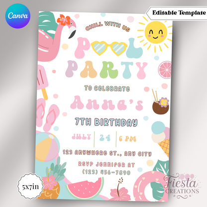 Retro Pool Party | 5x7 Editable Template | Instant Download