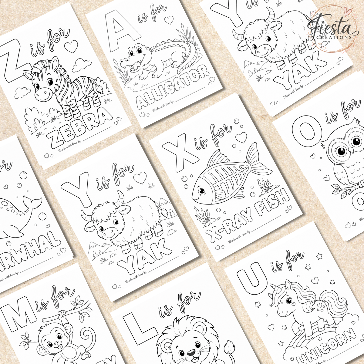 Animal Baby’s First ABC Book Coloring Game Printable | Baby Shower Keepsake Activity | A–Z Alphabet Coloring Pages & Table Sign