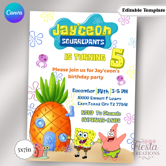 Sponge Birthday | 5x7 Editable Template | Instant Download