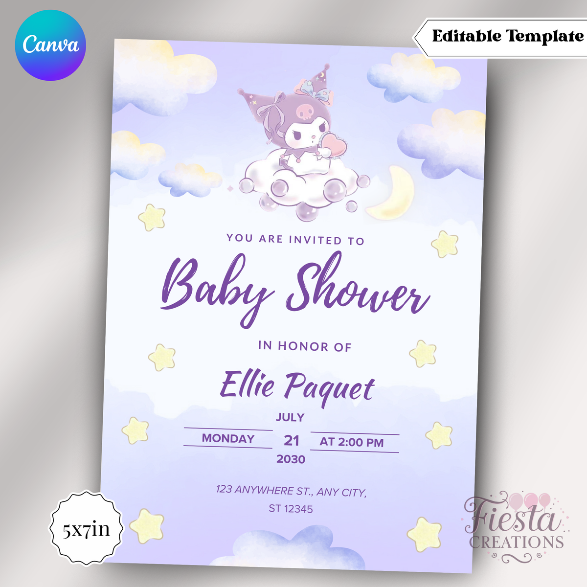 Purple Baby Shower | 5x7 Editable Template | Instant Download
