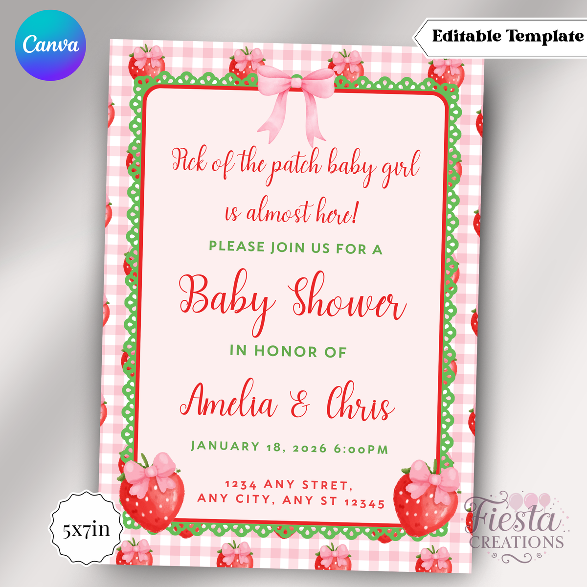 Strawberry Baby Shower | 5x7 Editable Template | Instant Download