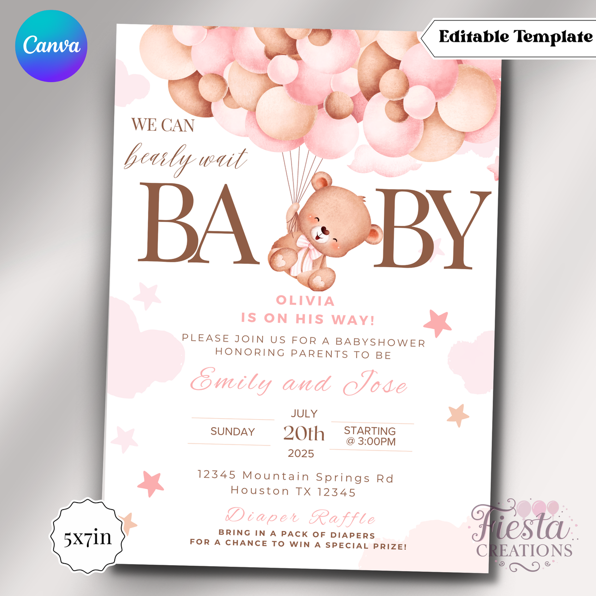 We Can Bearly Wait Pink | 5x7 Editable Template | Instant Download
